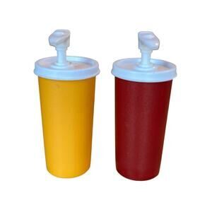 Tupperware Ketchup Mustard Pump Dispenser Bottles Lids Covers Vintage Picnic BBQ